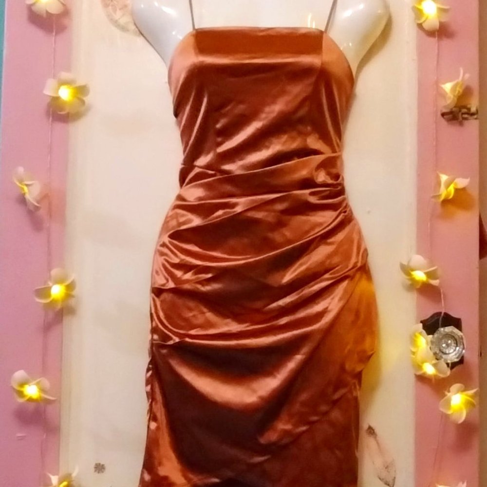 Caracilia (M) Chocolate Brown Satin Tulip Hem Dress